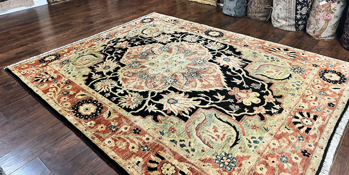 Pak Persian Rug 8x10, Pakistani Mahal Sultanabad Carpet, Signature from Master Weaver, Shiny Wool, Black Red Vintage Handmade Medallion Rug - Jewel Rugs, view 3
