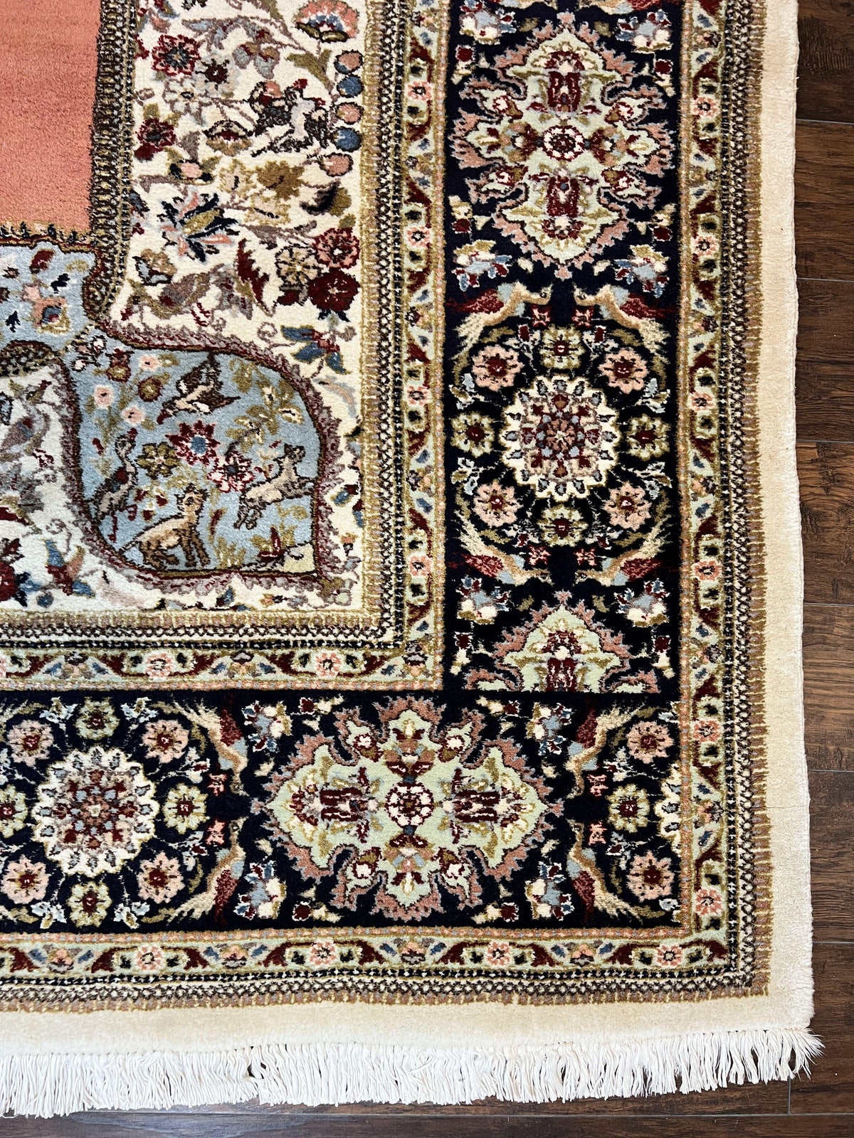 Persian Tabriz Rug 10x13, Wool Hand Knotted Vintage Carpet, Salmon Red & Ivory, Semi Open Field, Birds & Animal Motifs, Large Rug - Jewel Rugs, view 9
