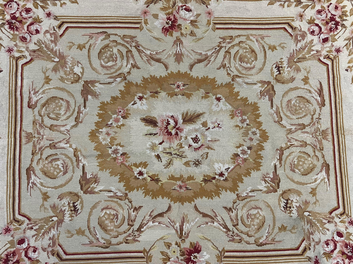 Aubusson Needlepoint Rug 4x5 ft, Beige and Tan, Aubusson Savonnerie Vintage Carpet, Handwoven Handmade Wool Rug, European Design Floral Rose - Jewel Rugs, view 12