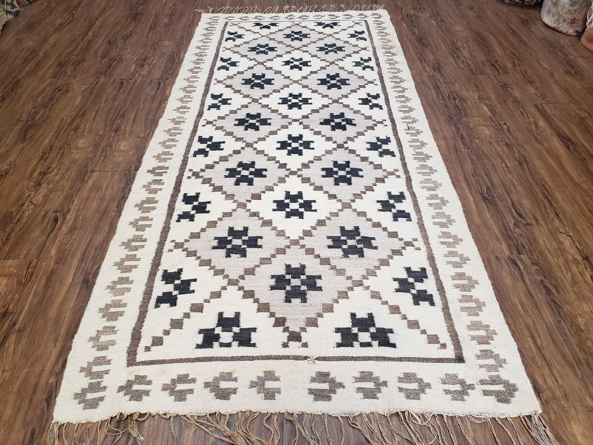 Semi Antique South American Blanket 4x8, Wool Hand-Woven Flatweave Kilim Rug, Handmade Antique Vintage Runner, Ivory & Blue, Diamond Panel - Jewel Rugs, view 3
