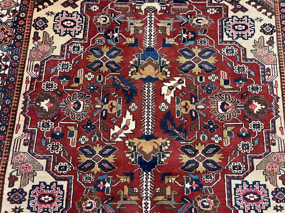 Antique Persian Heriz Rug 8x12 ft, Geometric Tribal Room Sized Carpet, Camel Hair Red Navy Blue, Wool Hand Knotted Medallion Oriental Carpet - Jewel Rugs, view 5
