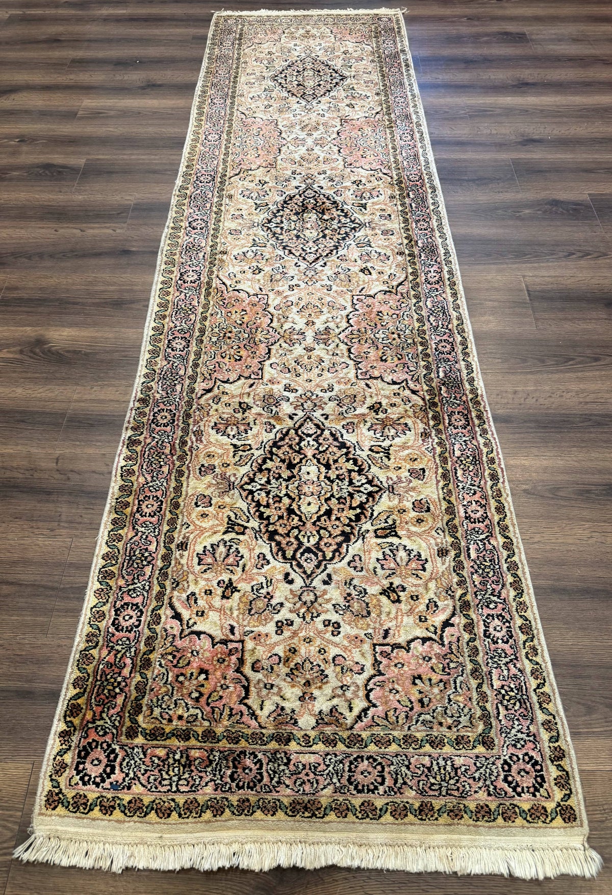 Silk Indian Kashmiri Runner Rug 2.7 x 9.8, Floral Medallions - Jewel Rugs, view 9