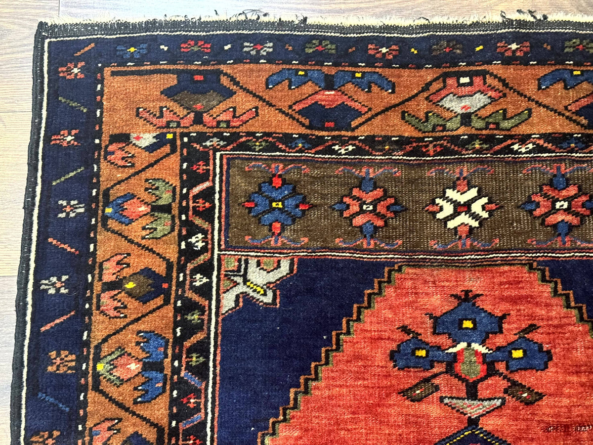 Persian Rug 3x6, Geometric Medallion, Village Tribal Rug, Terracotta and Navy Blue, Antique Nahavand Hamadan Rug - Jewel Rugs, view 7
