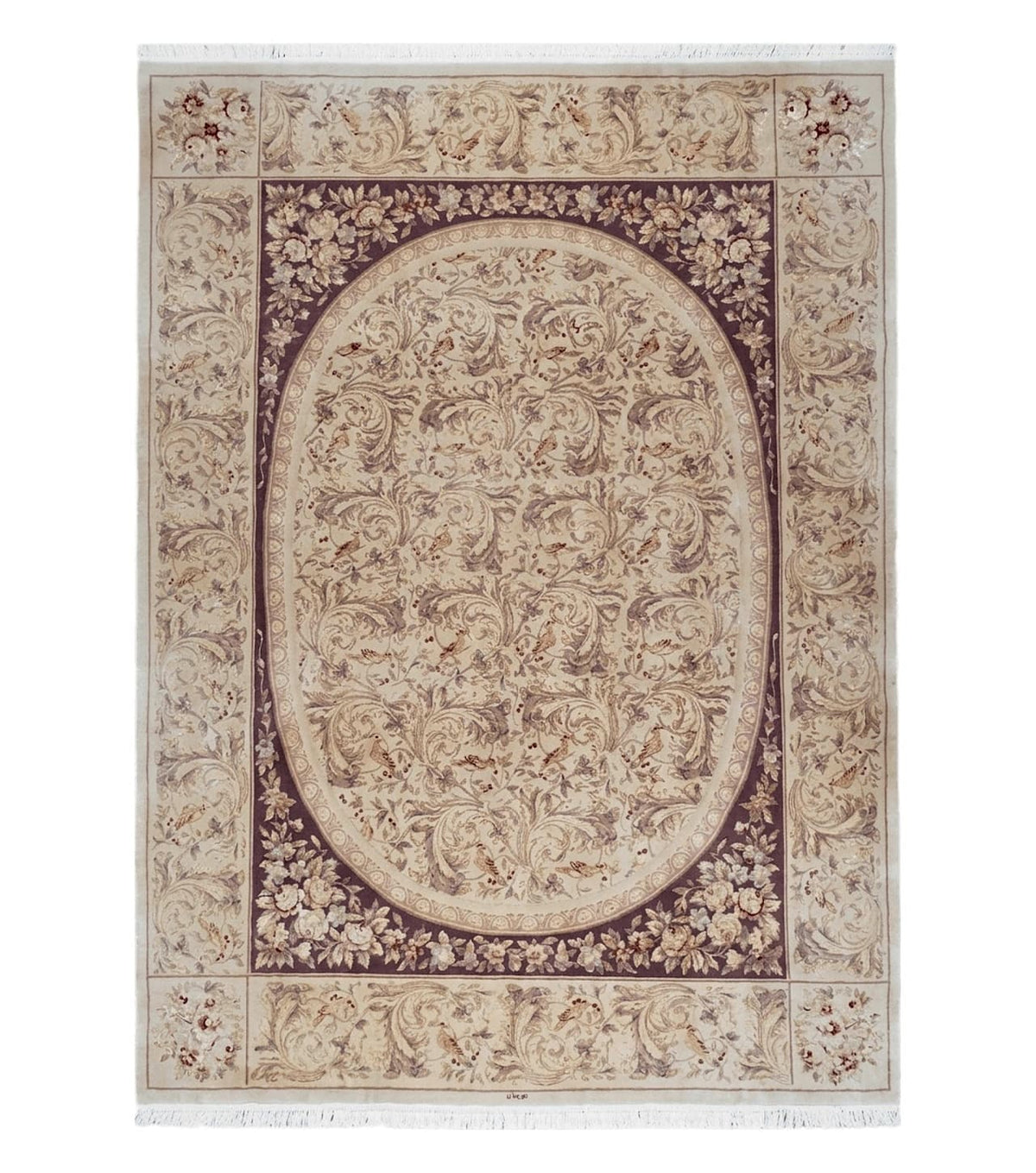 Chinese Aubusson Savonnerie Area Rug 8x12, Vintage 120 Line Carpet, Wool and Silk Hand-Knotted, Birds Flowers Master Weaver Signature - Jewel Rugs