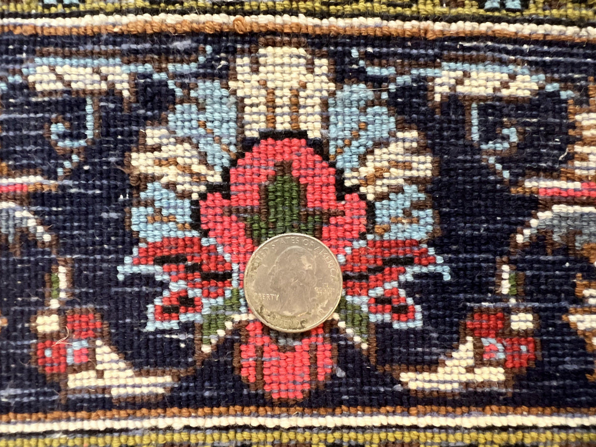Persian Qum Rug 3x5, Wool with Silk Highlights, Handmade Semi Antique Carpet, Ivory & Navy Blue, Floral Medallion, Finely Hand Knotted - Jewel Rugs, view 10