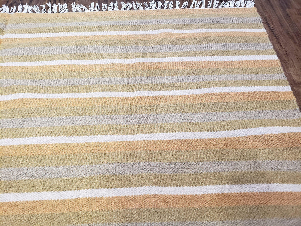 New Indian Kilim Area Rug, 6x8 - 7x8 South American Style Blanket, Striped Indian Wool Hand-Woven Flat Weave 6x9 Bedroom Rug, Ivory Ochre - Jewel Rugs, view 7