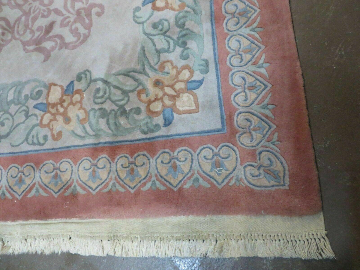 9' X 12' Vintage Handmade Chinese Carving Sculpture Wool Rug Flower Design Pink Carpet - Jewel Rugs, view 10