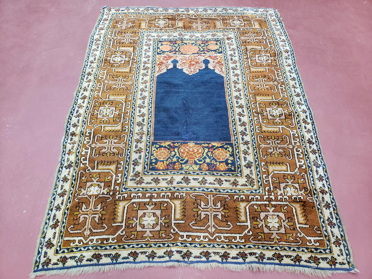 Antique Turkish Anatolian Ghiordes Prayer Rug, Twin Mihrabs, Rare Collectible Oriental Rug, Early 20th Century Prayer Rug, 3'9" x 5'2" - Jewel Rugs, view 2