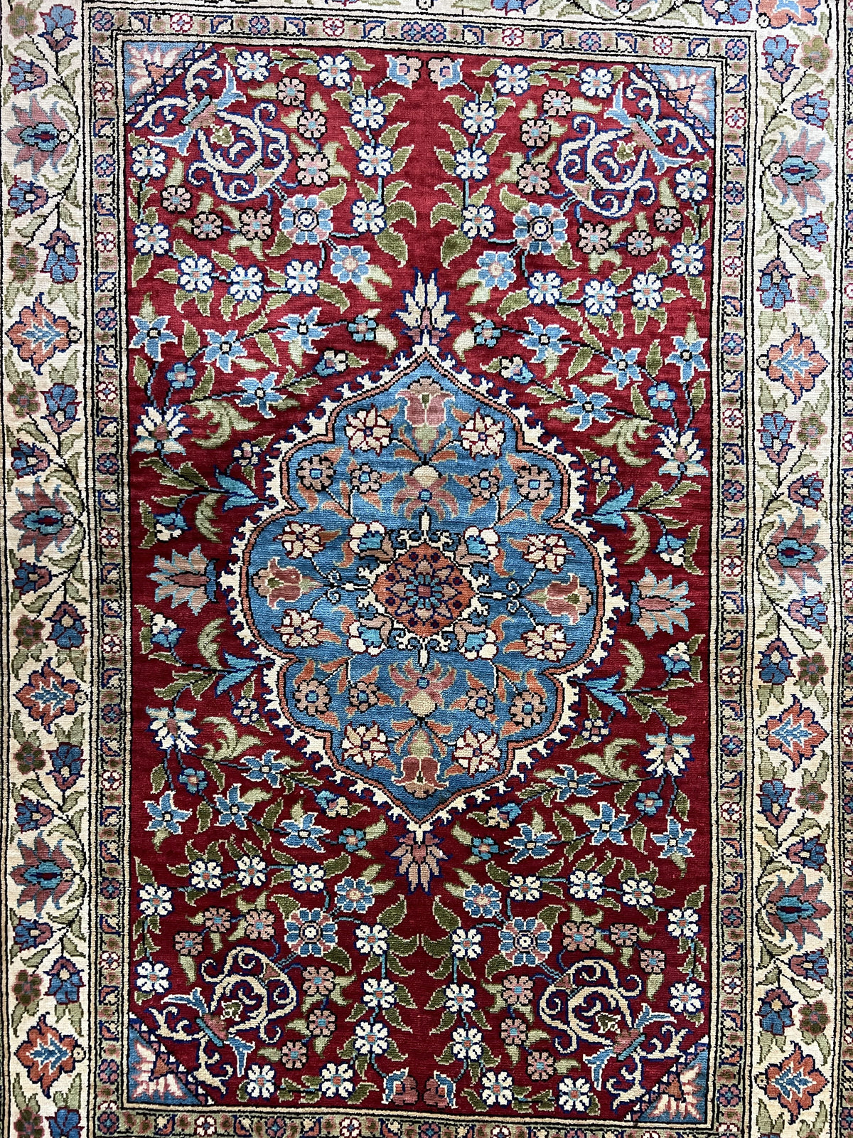 Silk Turkish Kayseri Rug 2x3, Small All Silk Turkish Carpet, Red and Light Blue, Very Fine Hand Knotted Semi Antique Vintage Handmade Rug - Jewel Rugs, view 13