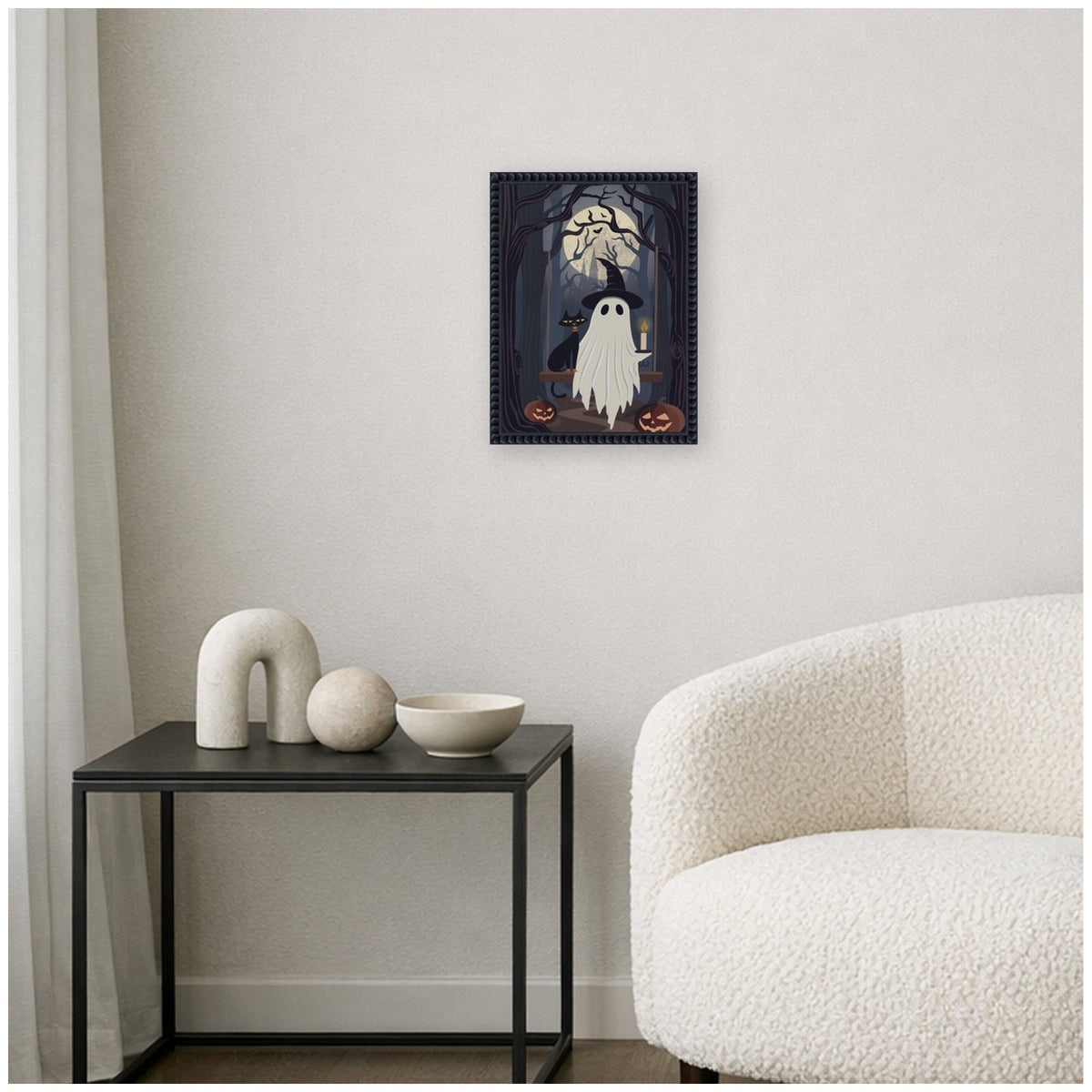Ghost and Black Cat by Rachel Lee 3 Birdies Studio Framed Canvas Wall Art Print