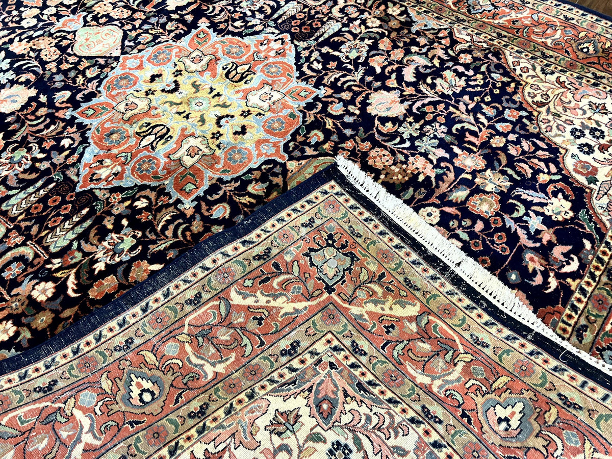 Indo Persian Rug 8x10, Midnight Blue & Red, Handmade Vintage Wool Carpet, Floral Medallion - Jewel Rugs, view 12