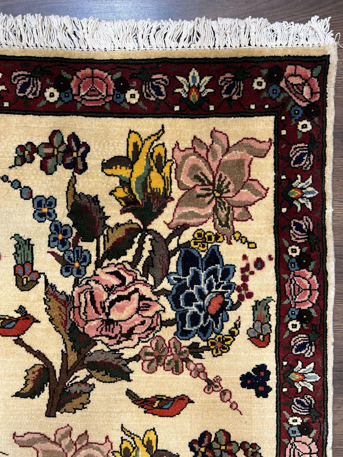Persian Bidjar Rug 3.6 x 5 ft, Repeated Floral Motifs, Roses and Birds, Cream Burgundy, Fine Wool Oriental Bijar Carpet, Vintage Traditional Area Rug - Jewel Rugs, view 8