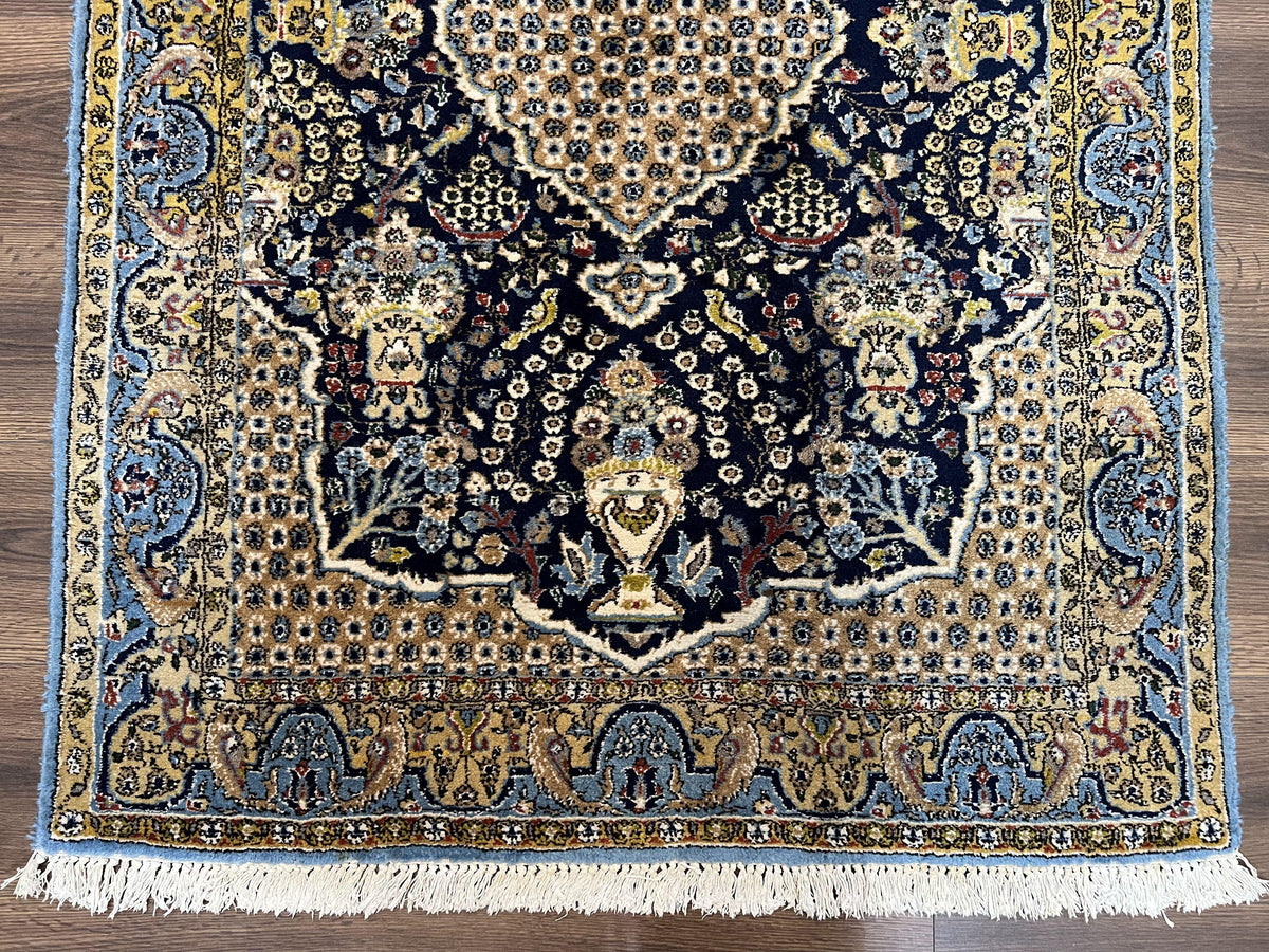 Fine Persian Qum Rug 3x5, Semi Antique Vintage Oriental Ghom Carpet, Floral Medallion, Highly Detailed, Hand Knotted, Navy Blue, Wool Area Rug, Birds - Jewel Rugs, view 6