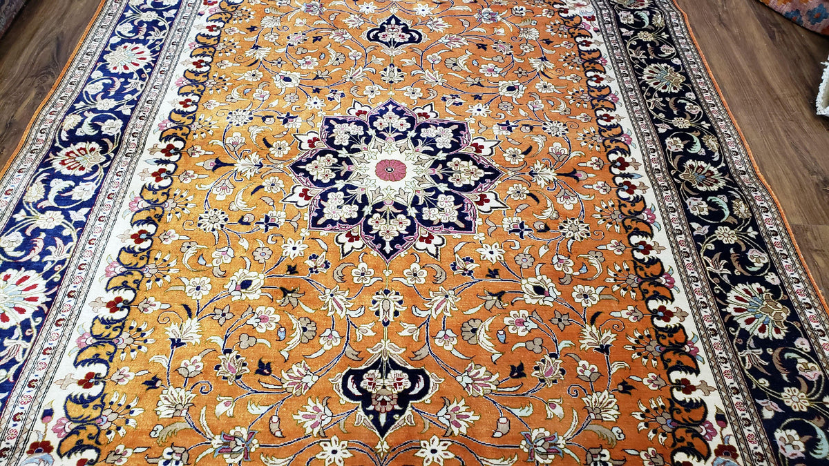Vintage Persian Qum Silk Rug 4.6 x 6.7, Burnt Orange and Navy Blue, Antique Oriental Very Fine Signature Master Weaver 350+ KPSI Ghom Qom 5x7 Rug - Jewel Rugs, view 7