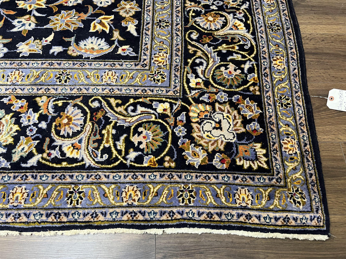 Wonderful Navy Blue Persian Kashan Rug 11x13, Allover Floral Design with Central Medallion, Wool Hand-Knotted Antique Carpet, Signed Rabani Rug - Jewel Rugs, view 9