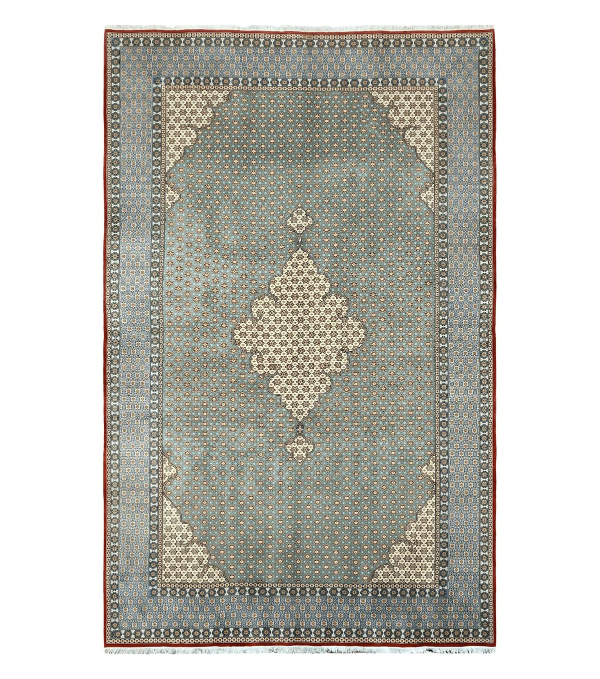 Rare Persian Rug 8x12, Qum Rug, Repeated Star Motifs, Blue and Ivory, Fine 300 KPSI, Hand Knotted Handmade Vintage Wool Rug - Jewel Rugs