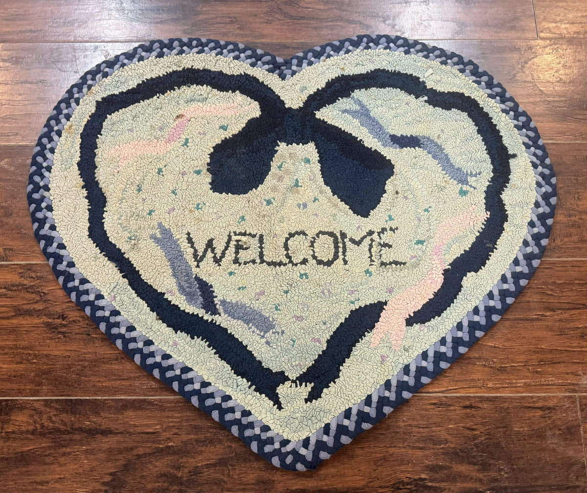 Small American Hooked Rug, Vintage Welcome Mat, Heart Shaped, Ivory and Blue - Jewel Rugs, view 2