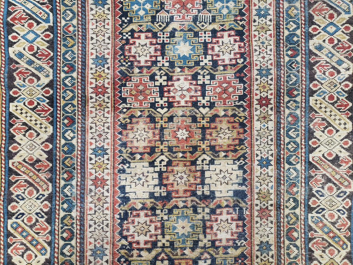 Caucasian Rug 3'9" x 5'7", Antique 1920s Collectible Caucasian Chi Chi Carpet, Hand Knotted, Colorful, Dark Blue Cream Red, Wool, Small Rug - Jewel Rugs, view 5