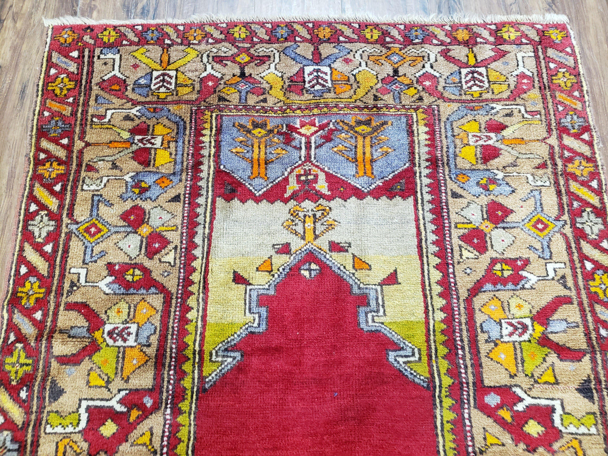 Antique Turkish Prayer Rug 3.8 x 5ft, Colorful Prayer Rug, Red Blue Gold Multicolor Turkish Anatolian Carpet, Handmade Hand-Knotted, Wool - Jewel Rugs, view 13