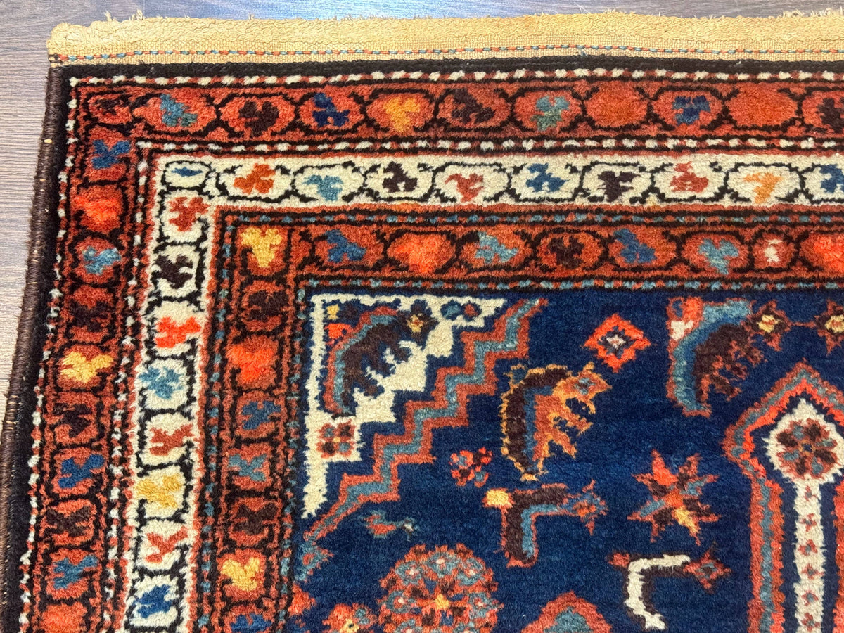 Antique Persian Hamadan Rug 4x6, Geometric, Double Medallions, Navy Blue, Tribal Carpet - Jewel Rugs, view 7