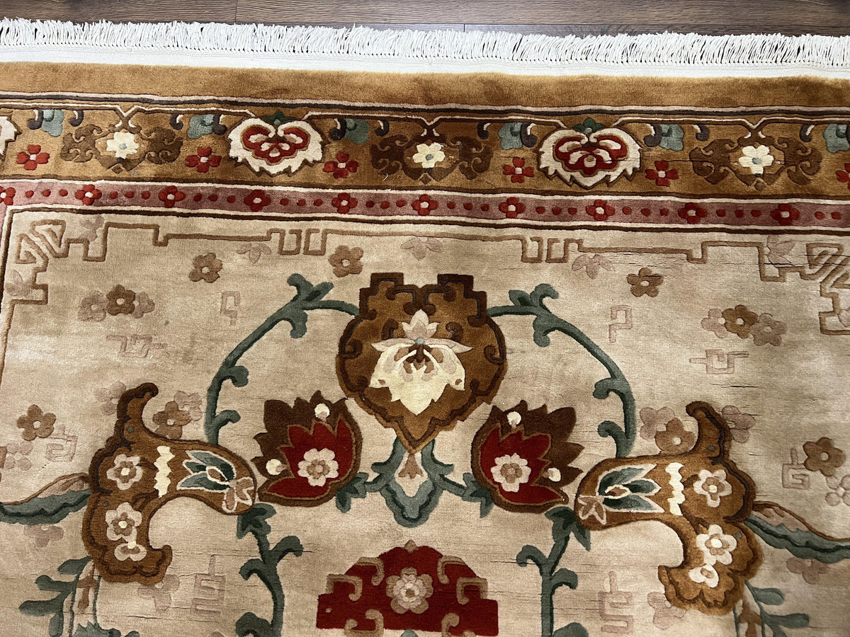 Chinese Wool Rug 5.9 x 9, Tan and Brown Asian Art Deco Carpet, Vintage 1960s Oriental Rug, Hand-Knotted Rug, Soft Wool, Medallion, Pair B - Jewel Rugs, view 4