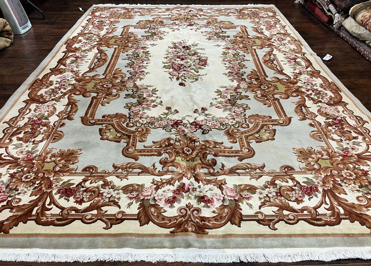 Aubusson Rug 10x13, Cream and Light Mint Green Hand Knotted Handmade French Savonnerie European Carpet, Wool Pile, Large Room Sized Vintage - Jewel Rugs, view 2