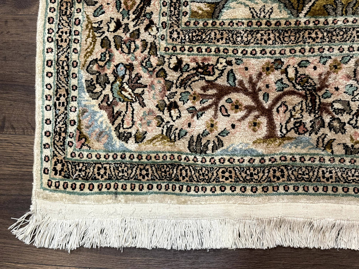 Indian Kashmiri Silk Rug 4x7, Tree of Life Design, Very Fine 380 KPSI, Birds - Jewel Rugs, view 9
