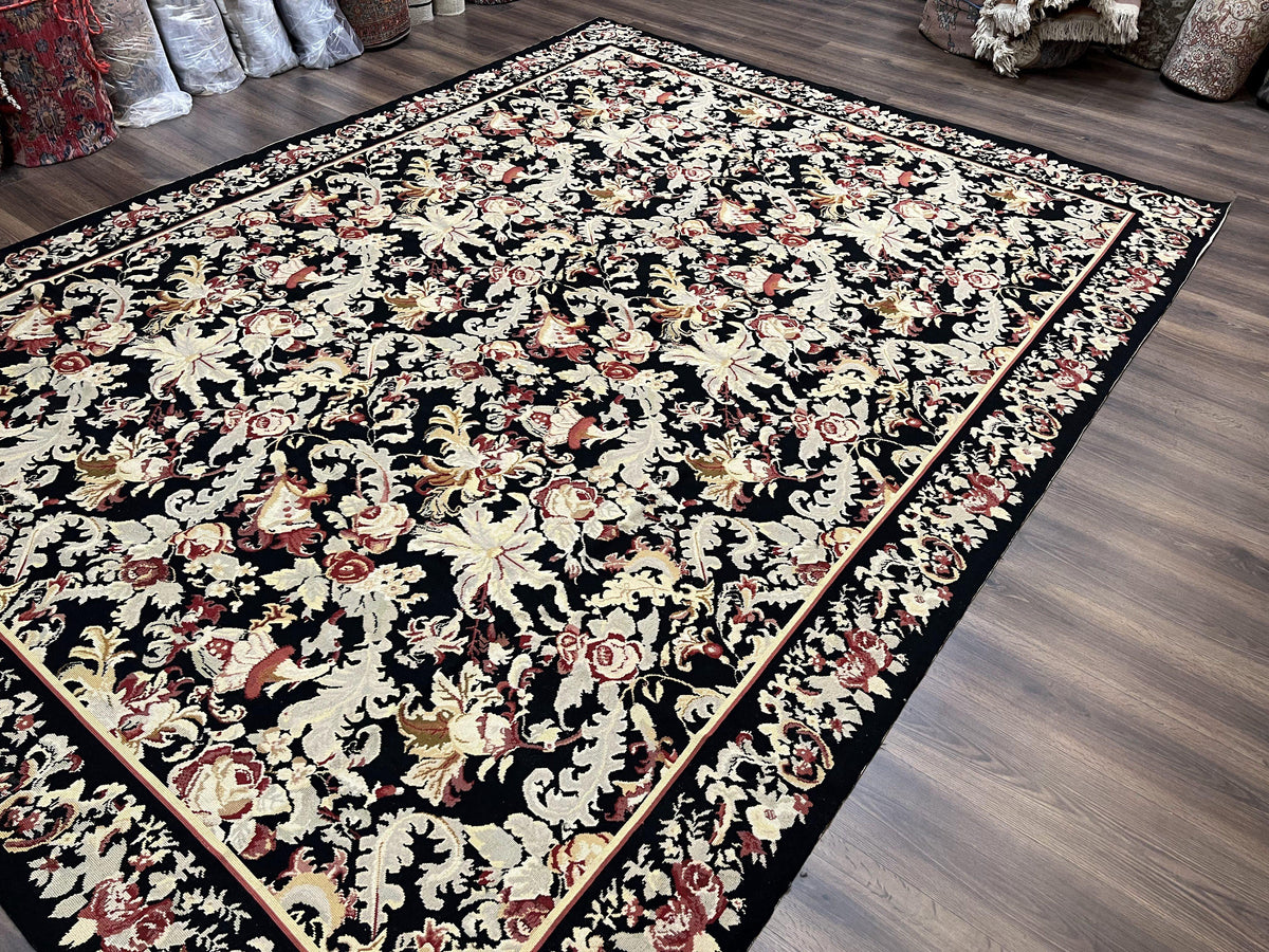 Wool Needlepoint Rug 9x12, William Morris Vintage Chinese Needlepoint Carpet 9 x 12, Handwoven, Allover Floral Area Rug, Black Light Green - Jewel Rugs, view 12