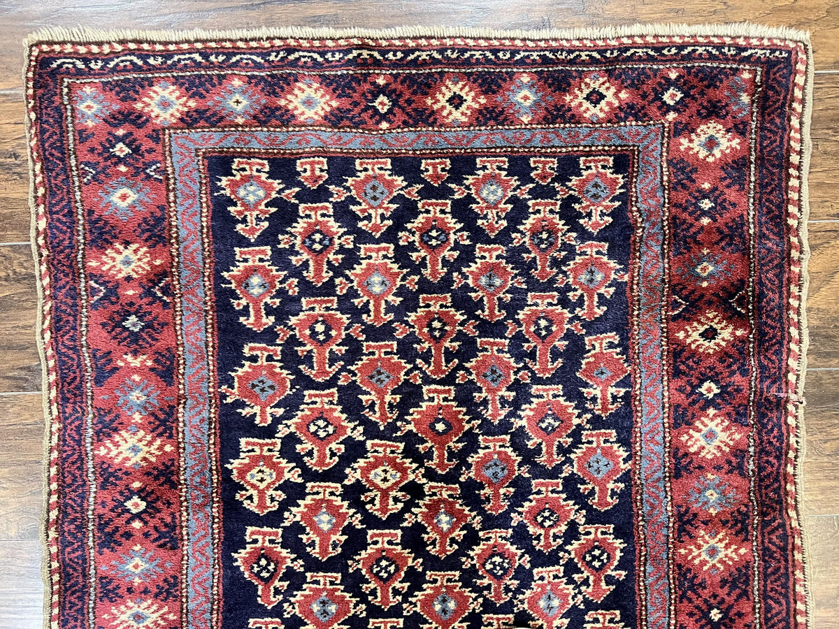 Turkish Sparta Rug 3x4, Allover Pattern, Navy Blue and Red, Antique Ispara Oriental Carpet 3 x 4, Small Turkish Handmade Vintage Wool Rug - Jewel Rugs, view 4