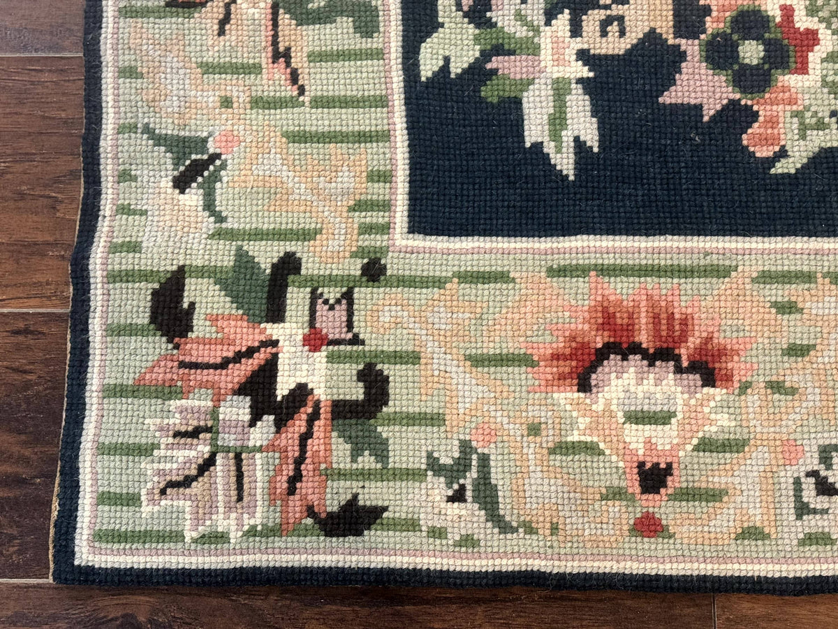Vintage American Needlepoint Rug 4x6, Dark Green, Wool, Handmade, Flatweave Carpet - Jewel Rugs, view 8
