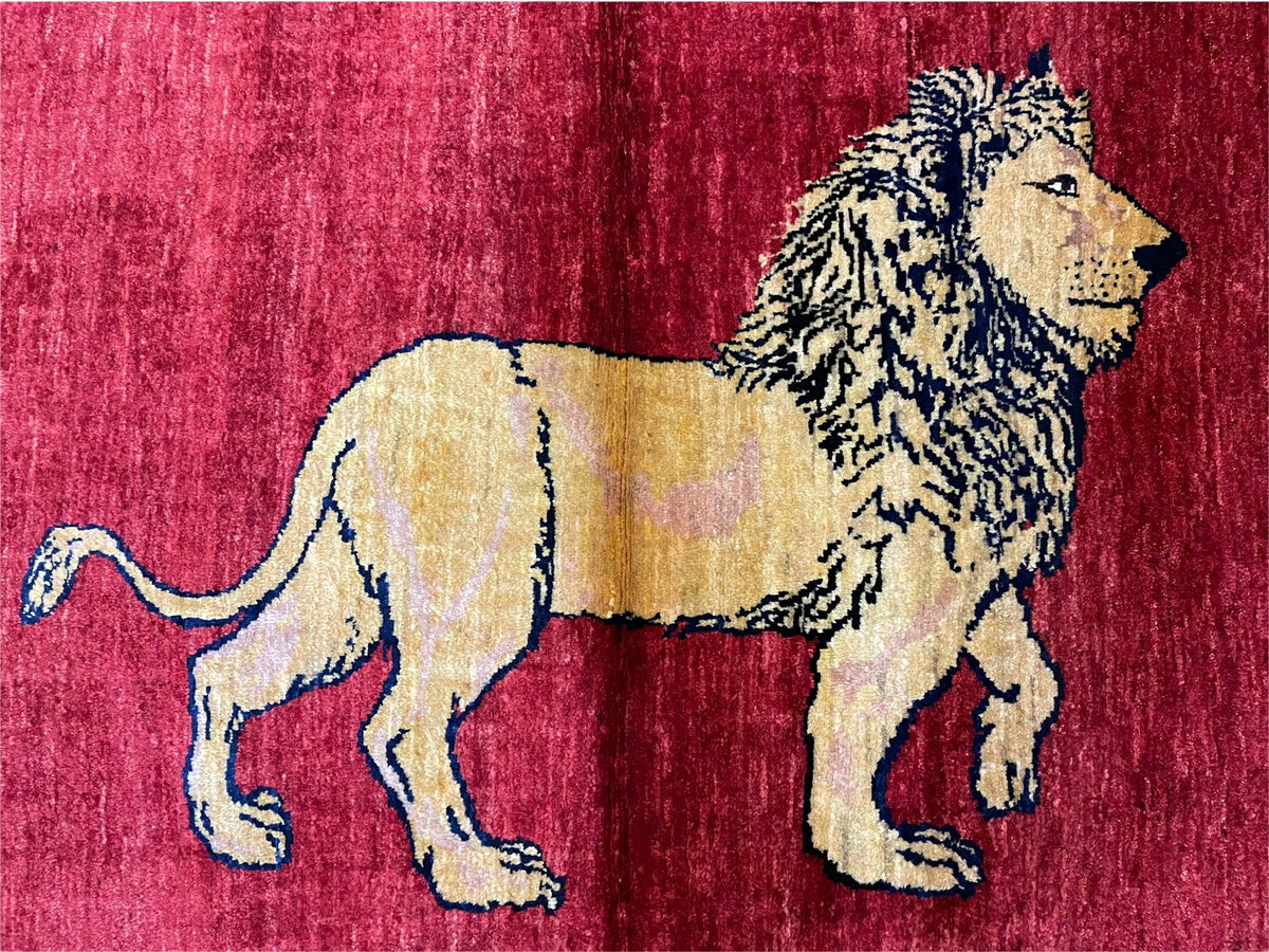 3 X 5 Handmade Hand-Knotted Quality Wool Rug New Vintage Lion Red Pictorial - Jewel Rugs, view 3