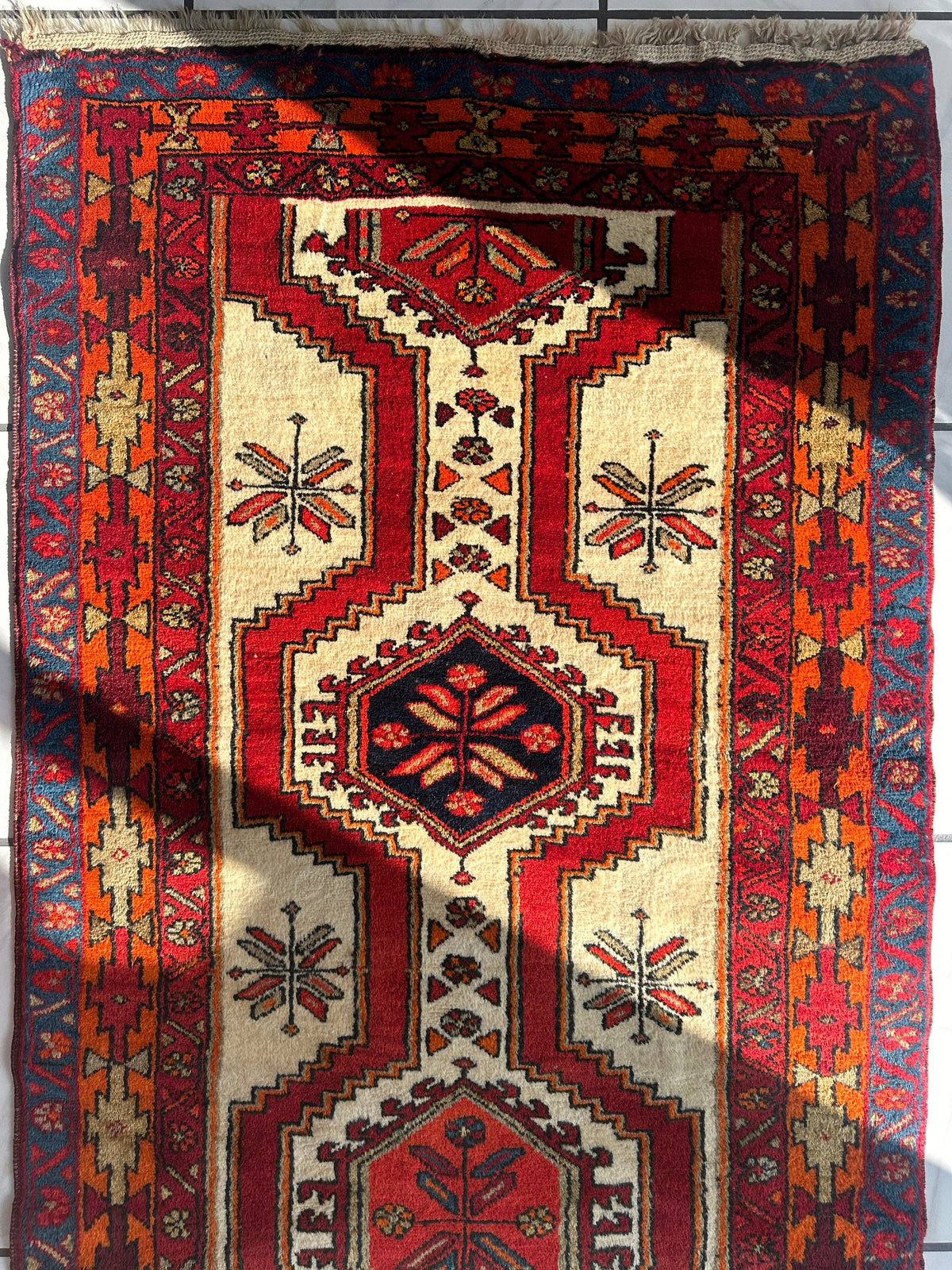 Vintage Persian Runner 4x10 | Ivory, Red & Burgundy | Hand-Knotted Wool - Rugistan, view 4