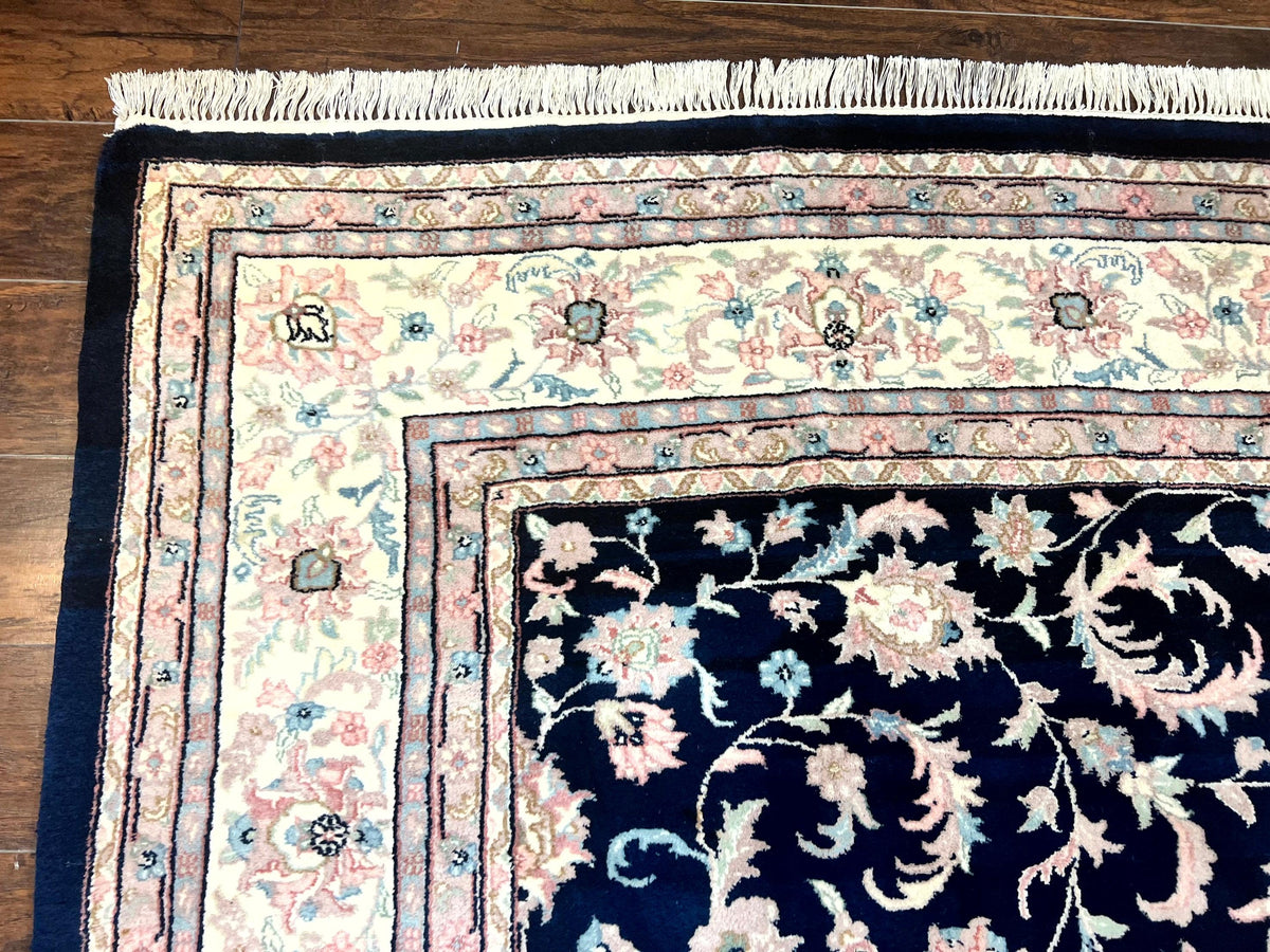 Indo Persian Rug 9x12, Navy Blue and Ivory/Cream, Floral Allover, Wool Vintage Handmade Carpet - Jewel Rugs, view 7