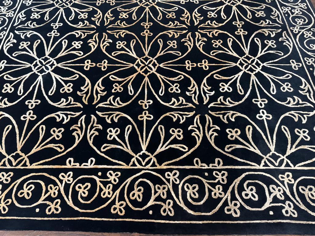 Tibetan Rug 8x10, Wool and Silk, Raised Pattern, Black and Gold, Floral - Jewel Rugs, view 6