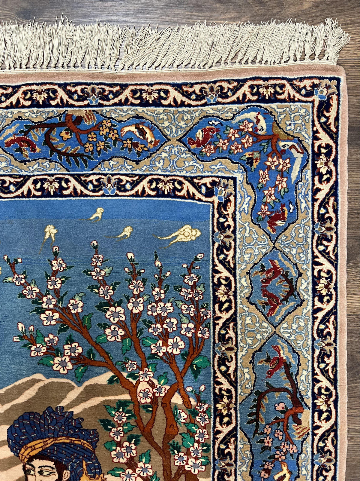 Fine Persian Isfahan Pictorial Rug 3.7 x 5, Kork Wool on Silk Foundation, Blue Persian Carpet, Hand Knotted, Humans Birds, High KPSI, Semi Antique - Jewel Rugs, view 8