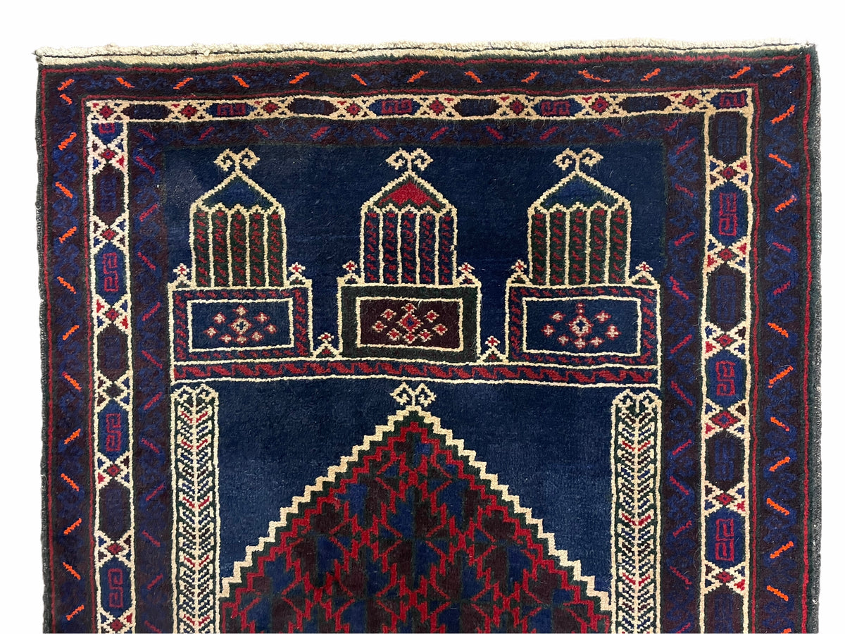 3x5 Vintage Handmade Tribal Wool Rug Balouchi Prayer Rug Afghan Rug Red Blue Wow - Jewel Rugs, view 3