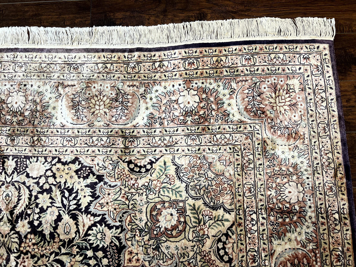 Silk Indian Kashmiri Rug 8x10, Floral Medallion, Indo Persian Carpet, Handmade Vintage Silk Rug - Jewel Rugs, view 17