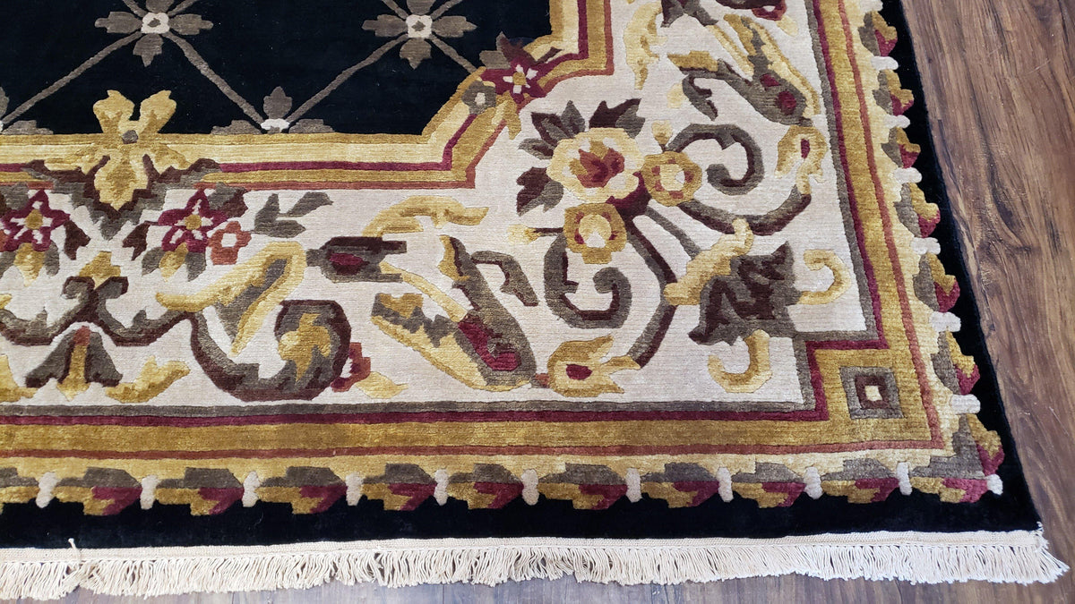 Nepal Rug 6x9, New Aubusson Nepalese Tibetan Carpet 6'1" x 8' 8", Hand-Knotted Wool, Unused, Black & Cream, Savonnerie Pattern, Soft Pile - Jewel Rugs, view 10