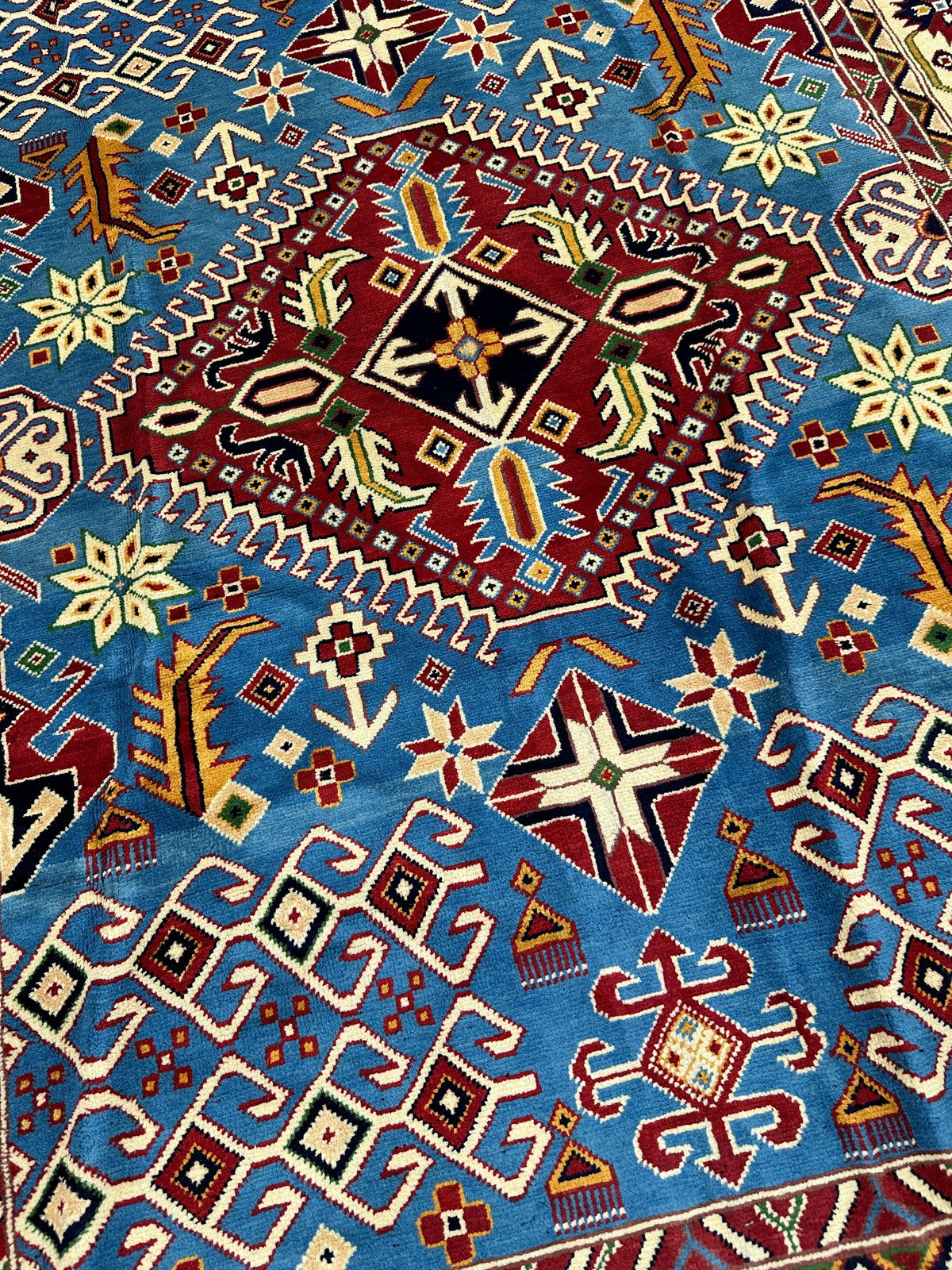 Afghan Kazak Rug 5x7 | Light Blue, Ivory & Burgundy | Hand-Knotted Wool - Rugistan, view 5