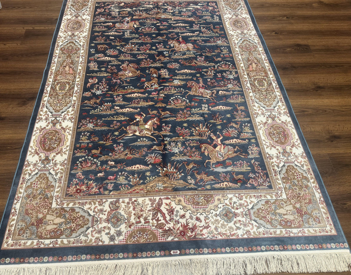 Turkish Silk Rug 5x8, Hunting Design, Animal Pictorials, Steel Blue & Ivory, Bamboo Silk - Jewel Rugs, view 5