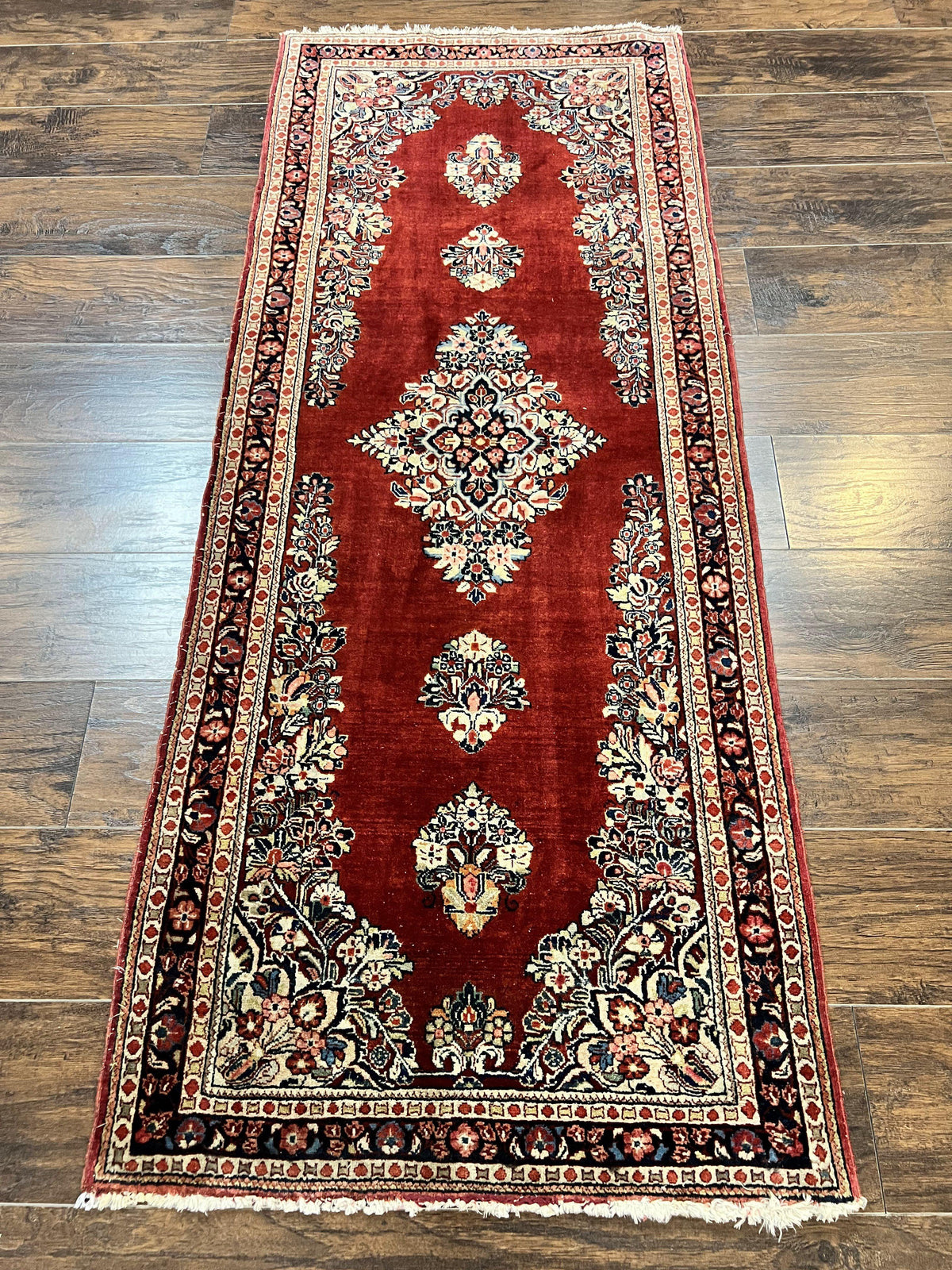 Persian Sarouk Runner Rug 2.7 x 6, Semi Open Field, Red, Handmade Hand Knotted, Wool Oriental Carpet, Vintage Semi Antique - Jewel Rugs, view 2
