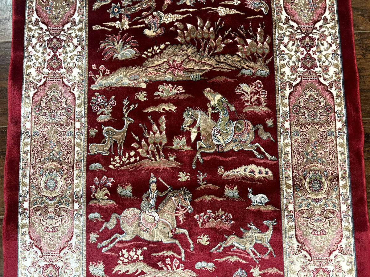 Dark Red Turkish Silk Rug 2.6 x 4, Hunting Design Scene, Bamboo Silk - Jewel Rugs, view 5