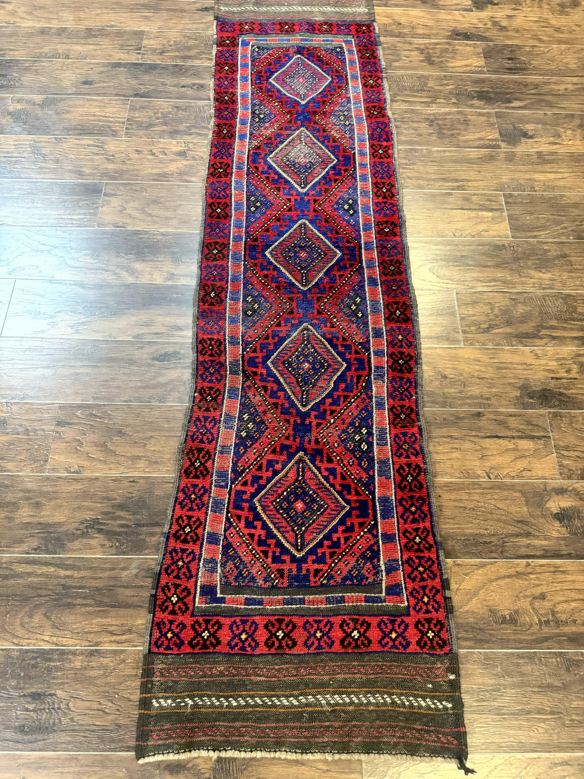 Turkoman Runner Rug 2 x 8.6, Skinny Runner, Handmade Wool Carpet for Hallway, Red and Blue, Wool, Vintage 8ft Runner - Jewel Rugs, view 2