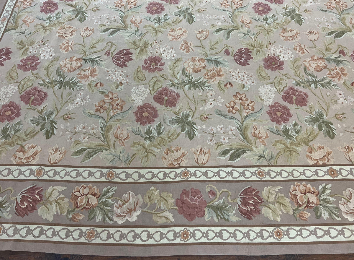 Aubusson Rug 9x12, Pink Beige Light Mauve, Handmade Allover Floral Roses, Wool Flatweave Carpet 9 x 12 ft, European French Design, Elegant - Jewel Rugs, view 6