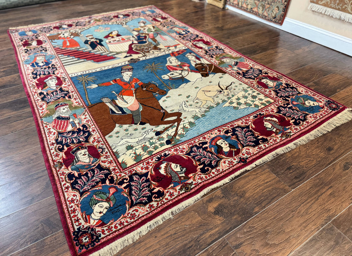 Rare Persian Kashan Pictorial Rug 6x9, King Bahram Hunting Scene, Persian Kings, Hand Knotted Persian Rug for Wall Hanging, Antique, Wool - Jewel Rugs, view 3