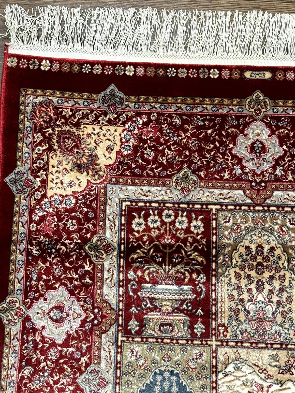 Turkish Silk Runner Rug 2.6 x 11.6, Panel Design, Dark Red Ivory, Bamboo Silk, New - Jewel Rugs, view 6