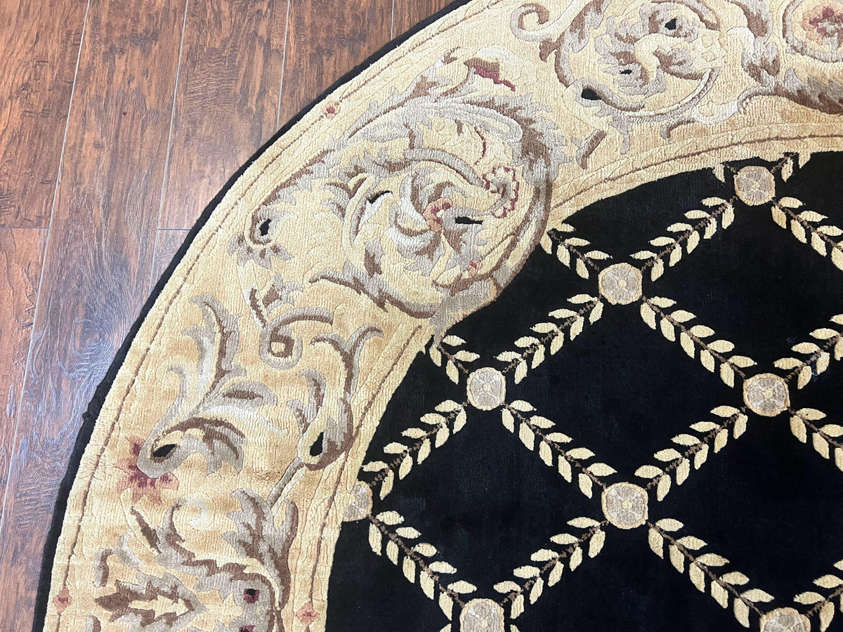 Oval Tibetan Rug 8x10, French Aubusson Design, Wool Handmade Vintage Carpet, Black & Beige, Soft Wool Pile - Jewel Rugs, view 7