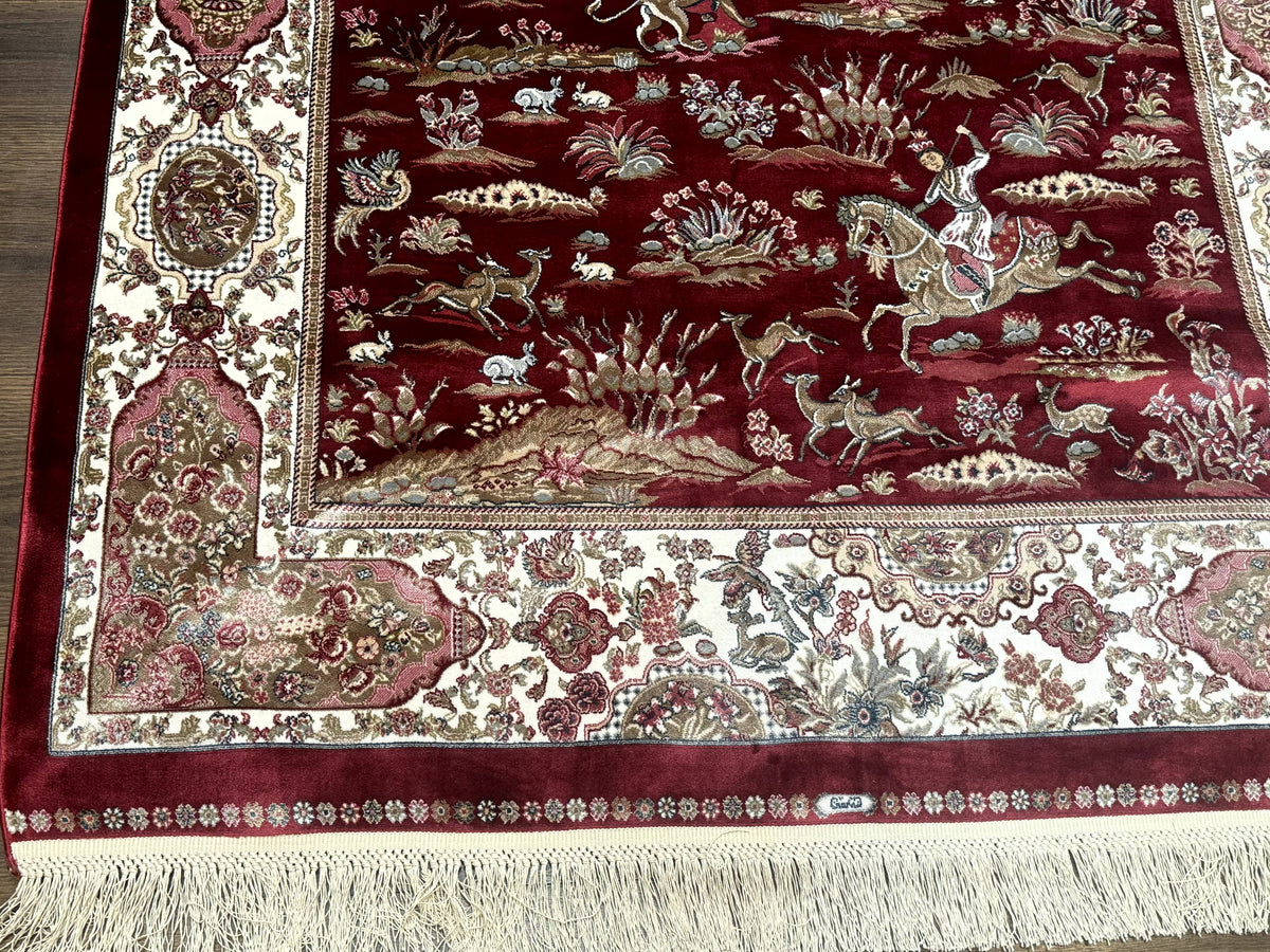 Turkish Silk Hunting Design Rug 4x6, Dark Red & Ivory, Bamboo Silk, New - Jewel Rugs, view 7