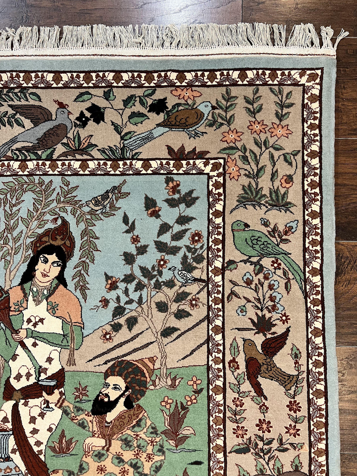 Indo Persian Pictorial Rug 4x7, Handmade Hand Knotted Wool Semi Antique Horizontal Carpet, Men & Women Drinking, Fine Rug, Bird Pictorials - Jewel Rugs, view 7