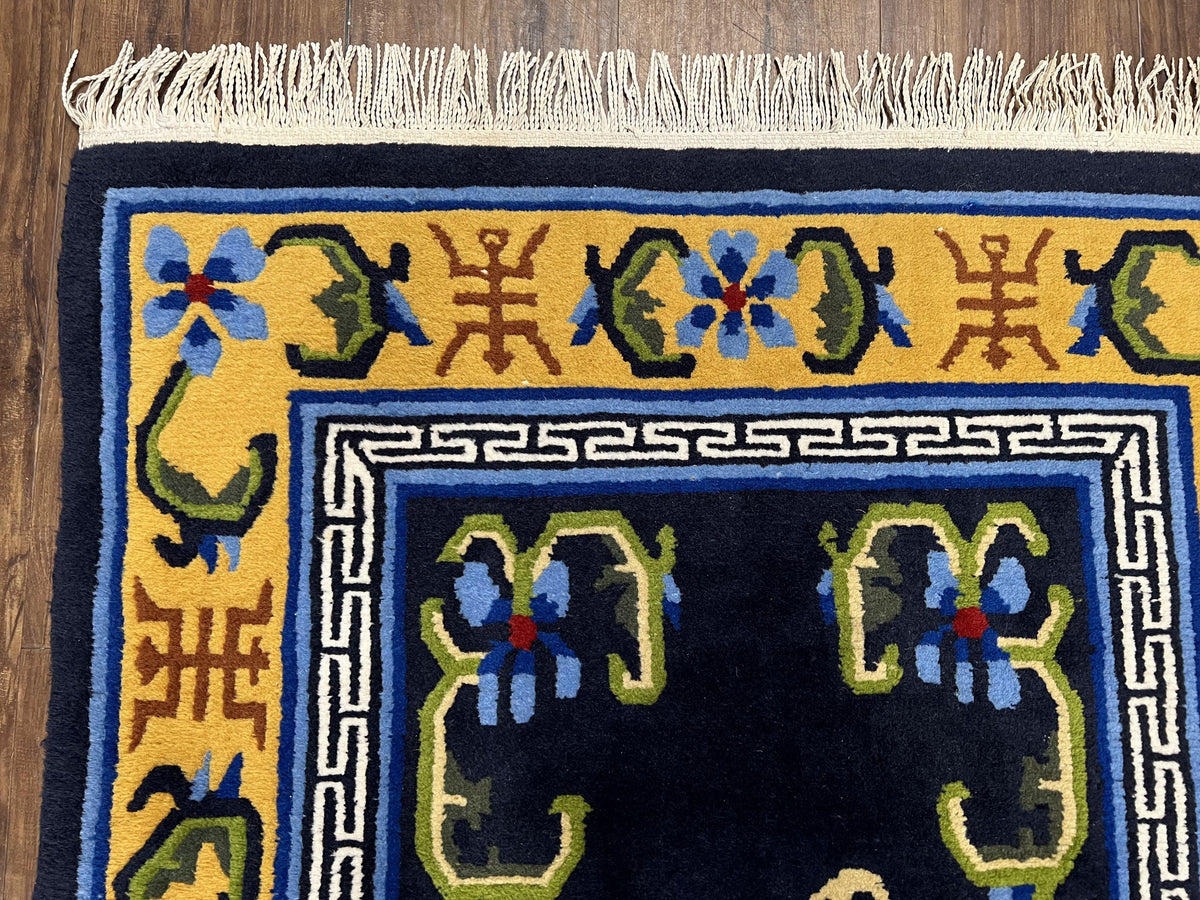 Chinese Art Deco Rug 3 x 5.9, Handmade Chinese Peking Carpet, Dark Blue and Gold, Medallion, Asian Oriental 3x6 Hand Knotted Vintage Rug - Jewel Rugs, view 7